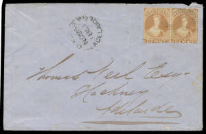 POSTAL HISTORY: 1861 flapless cover to "Hackney/Adelaide" with scarce franking of Chalons Imperf No Wmk 6d pale brown SG 14 horizontal pair (full margins except where a little cut-into at the base, Cat £600+ x2+ on cover), light & illegible cancel & 'AUCK