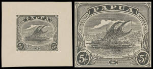 1916-32 Bicolours die proof of Reading's first essay for the 5/- in black on thin wove paper (52x48mm). Ex Estate of Samuel Reading (1952), Hamilton Croaker (1998), Jerry Blair (private sale) & Peter Troy: acquired at the Prestige auction of 28/7/2009 for