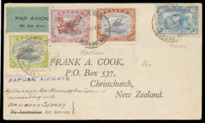 1931 (May 1) Salamaua-Port Moresby-New Zealand AAMC #P30 cover per Lionel Shoppee for Papuan Airways, Cat $750. [Only 12 flown. The small mail connected at Port Moresby with the mailboat to Cairns (8 May cds); from Brisbane they were flown by ANA to Sydn