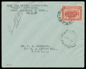 1936 (Mar 17) Port Moresby-Daru per "Kono" amphibian AAMC #P97, signed by the pilot "Russell Rogers", Cat $700. [Only 12 flown. The purpose of the Second Archbold Expedition was to explore and collect specimens along the Fly River]