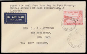 1938 (3 Oct) Buna Bay-Port Moresby per Ken Garden in a Stinson Reliant AAMC #P139, Cat $325, [Bad weather forced an unscheduled landing at Buna Bay. OJ Atkinson, the Resident Magistrate at Buna, took the opportunity to send a few covers, that were cancell