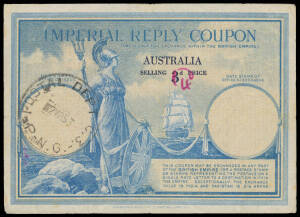 POSTAL HISTORY: Australian Imperial Reply Coupon 3d amended by hand to "4d" in red with 'POSTAL DEPT C3/2MR53/PNG' relief cds, central fold. Very scarce.