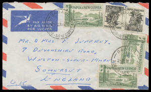 POSTAL HISTORY: 1959 commercial airmail cover to Germany with scarce franking of 3½d black Headdress x2 & 7d Plymill x3 tied by 'RABAUL' cds, minor blemishes. The rate was 2/3d so the cover was overpaid 1d.