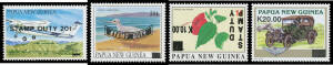 REVENUES: 1990s 'STAMP DUTY' Surcharges complete "set" of the 20 different plus the bogus 'K10.00' on 1t Hibiscus x2 (one inverted), unmounted. Very scarce & colourful group. [Of the '20t' on 15t Aeroplane & '10t' on 70t Sandpiper, only 4 & about 12 examp