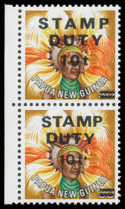 REVENUES: 1990s 'STAMP DUTY' Surcharges '10t' on 30t Headdress marginal vertical pair with Different Size Overprints (20mm & 18mm wide respectively) & the upper unit with Heavier Font '10t', unmounted. Chris Ceremuga Certificate (2002). The only such sete