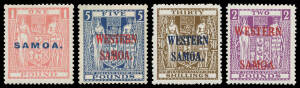 Three volume collection with a handy selection of early issues & Overprints on New Zealand including 1920 Victory x5 sets, Admirals set of 4, Arms 'SAMOA' to £1, 'WESTERN/SAMOA' Single Wmk to £1 plus £5 (toning), Multiple Wmk to 30/- & Wide Overprint to £