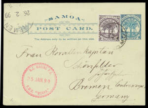 1899 commercial usage of Davis 1d Postal Card on greenish stock to Germany uprated with Mis-Perforated ½d (cut from the sheet to preserve the design) tied by 'APIA/JAN/24/99/SAMOA' cds with superb 'NZ MARINE PO/25JAN99/RMS MOAMA' cds in rosine, 'BREMEN' a