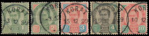 1897 Rejected Design 1 att to 10 atts SG 82-86 (F&O 57-61; H 73-77) complete set, CTO - various dates in December 1899 - with the 'KORAT' cds as usual, undercatalogued at £1900 (65,000 baht = $A2166). [Norbert Spohn's similar set sold at the Prestige auct