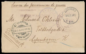 WORLD WAR I PRISONERS OF WAR MAIL: a similar cover to Denmark with light 'PASSED/ * CENSOR * /SINGAPORE' cachet in blue & 'KJOBENHAVN' arrival cds both on the face, minor blemishes.