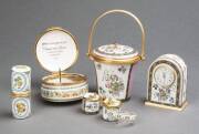 HALCYON DAYS: Enamel boxes, Clock, thimble, sewing tape measures (2), musical box & potpurri.