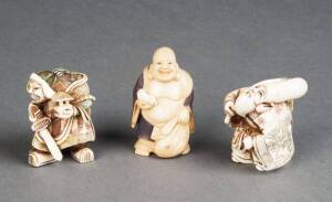 NETSUKE: Group of 3 hand coloured Japanese ivory figural netsukes. 4 - 5cm each.