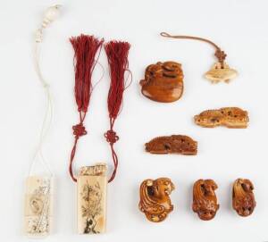 Group of bone & ivory netsuke (3), amulets (4), seal & inro. 3 - 6cm