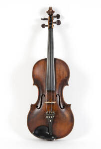 VIOLIN: German Klotz antique violin. Refined scroll, one piece back & rosewood pegs. Housed in antique rosewood case and with fine bow. Was used by members of the Sydney Philharmonic Orchestra. 1945 sale receipt of 25 pounds. 1908 repairers label.