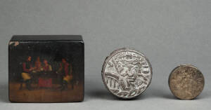 Chinese silver circular jewel box; European silver compact; antique papier mache box with hand painted top.