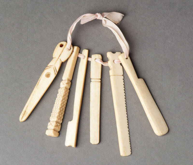 Antique ivory & bone baby teethers. Group of 19, some carved