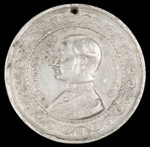 MEDALLION: "To Commemorate The Visit of H.R.H.Prince Alfred Duke of Edinburgh K.G. to Australia". Reverse stamped with "H.M.S.Galatea 1967". White metal, holed, 4.5cm. Fair condition  