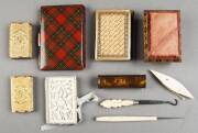 Group of antique sewing equipment. Noted Tunbridge pin cushion; Melbourne exhibition needle book; "Beatrice Patent" needle cases (2); Ivory needle book, implements etc 