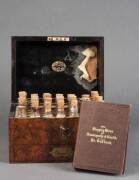 CHEMIST BOX: Antique Homoeopathy set in burr walnut one-drawer box fitted with 30 glass bottles; plus book "The Stepping-Stone to Homoeopathy & Health, Dr.Ruddock" c1872.