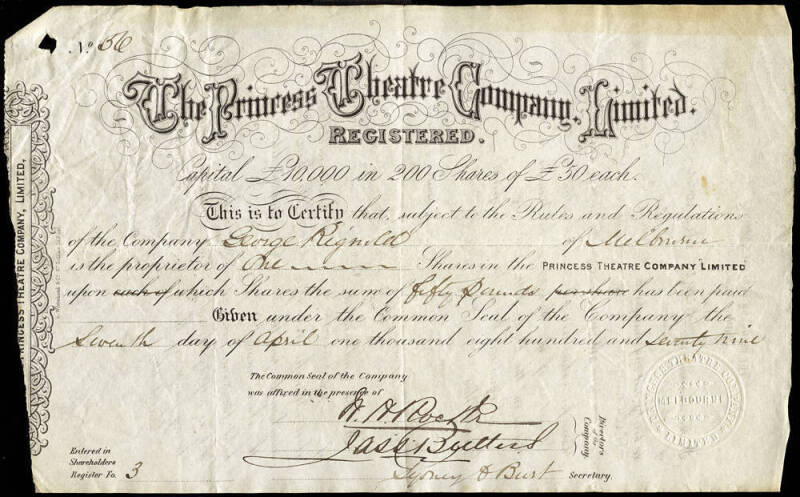 PRINCESS THEATRE: 1879 share certificate "The Princess Theatre Company Limited", signed on reverse by J.C.Williamson. Very attractive and scarce.