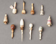 Viniagrettes: Group of 10 antique & vintage bone & ivory turned & carved viniagrettes. 3-7cm each.