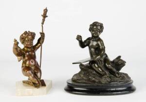 Antique bronze & spelter Cupid statues on alabaster & wood bases. 19cm & 16cm