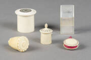 Antique sewing equipment: Ivory tape measure, pin cushion, needle case, spool case & mother of pearl needle case with needles.