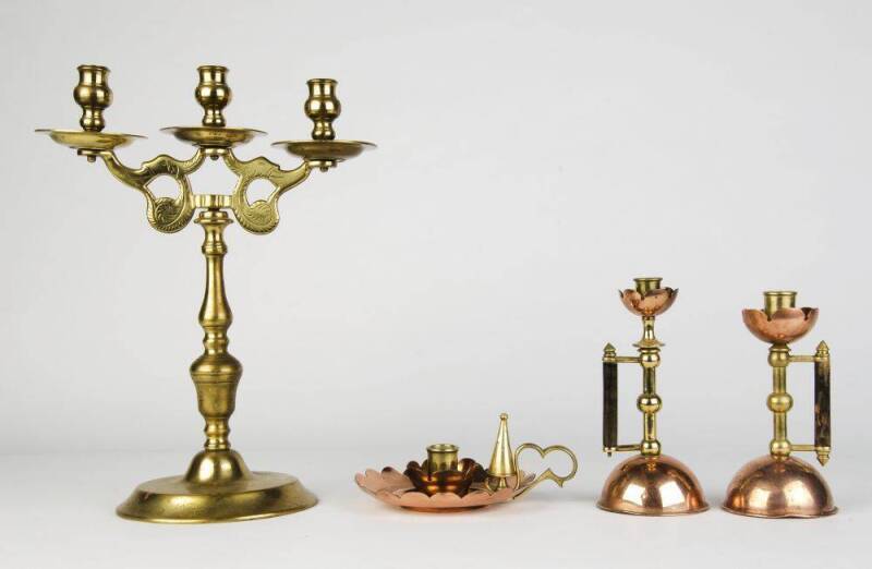 Brass 3 branch candelabra; pair of Arts & Crafts copper candle sticks & candle holder with snuffer