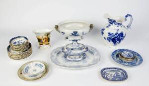 ENGLISH PORCELAIN: Blue & white wares including wash jug; meat platter; tureens; "Willow" ware; soft paste  porcelain mantle vase; dishes etc