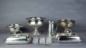 Silver plated fruit bowls (2); champagne cooler; water jug; pair of tureens & 6 crystal salts.