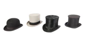 Antique top hats (3); Bowler hat & vintage square leather case.