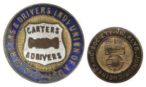 BADGES: "Fed. Carters & Drivers Indl. Union of Aust." enamel badge; plus "Vic.Rlys. Junior Engineering Society". Fair/G condition.