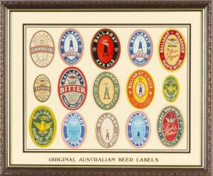 BALLARAT BREWING CO: Framed display of original beer bottle labels, 15 in total. Early 20th century. Beautifully framed & captioned. 58 x 48cm. Superb condition