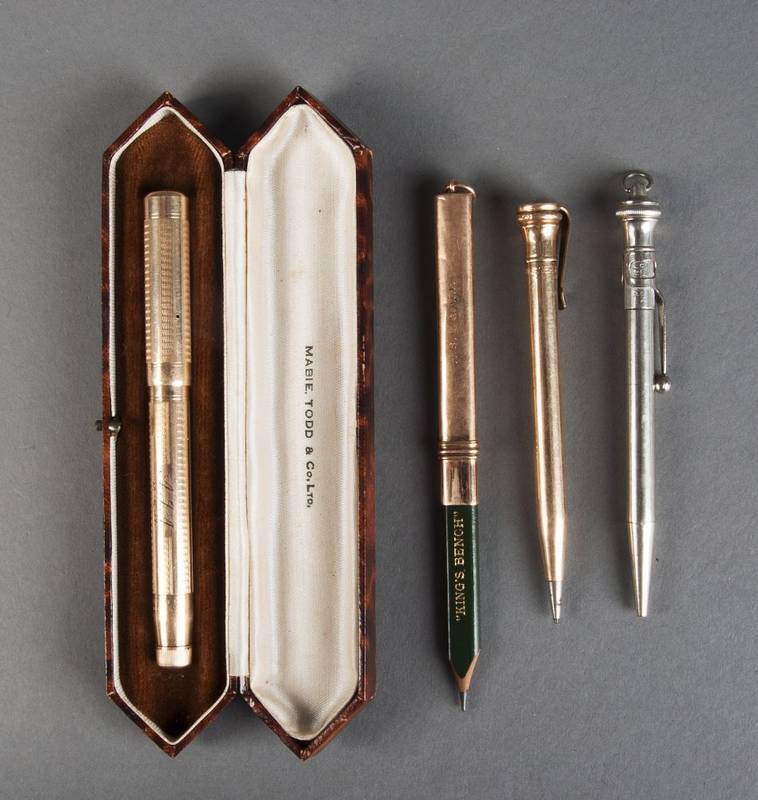 PENS:  15ct Gold pencil holder (5.5 grams);  Swan gold plated fountain pen in original case c1930s; (2) vintage pencils (silver & gold finish). VG condition