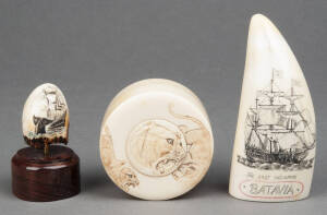 Japanese ivory circular  box engraved with lions c1930s; scrimshaw whales teeth (2)