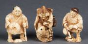 NETSUKE: Group of 3 Japanese ivory peasant figured nesukes. 5cm each