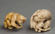 NETSUKE: Japanese carved ivory tiger group; & feeding cat. 4cm each