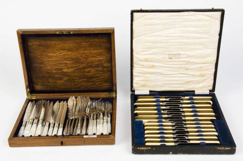 Set of 24 bone handled knives in Hardy Bros box; plus, assorted fish & fruit cutlery in oak canteen