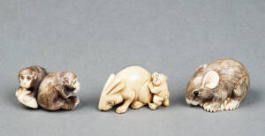 NETSUKE: Group of 3 Japanese carved ivory animal netsuke. 4cm each