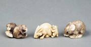 NETSUKE: Group of 3 Japanese carved ivory animal netsuke. 4cm each