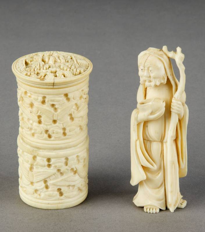 CHINESE IVORY statue of a man; & carved ivory & bone screw top jar, early 20th century. 9cm & 8cm