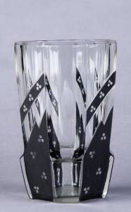 Bohemian Art Deco black & clear glass vase.19.5cm