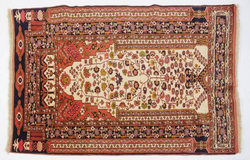 PERSIAN RUG: Fine quality hand knotted prayer rug in terra cotta, black & cream. 170cm x 121cm