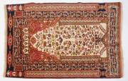 PERSIAN RUG: Fine quality hand knotted prayer rug in terra cotta, black & cream. 170cm x 121cm