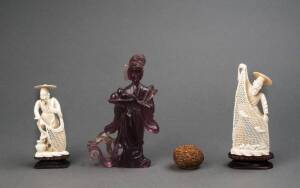 ORIENTAL: Chinese carved amethyst coloured crystal statue 16cm; pair of carved Chinese carved ivory fishermen statues 11cm & 13cm; carved Chinese walnut.