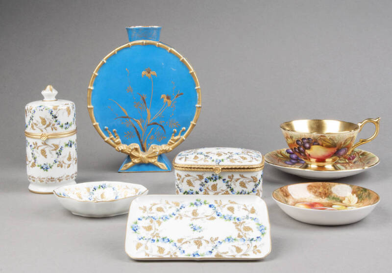 Remains of a collection: Royal Worcester hand-painted porcelain fruit patterned dish (11cm); Aynsley "Orchard Gold" cup & saucer; Limoges porcelain vanity ware (4 pieces); antique porcelain moonflask vase with turquoise glaze & gilt decoration. G/VG condi