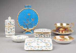 Remains of a collection: Royal Worcester hand-painted porcelain fruit patterned dish (11cm); Aynsley "Orchard Gold" cup & saucer; Limoges porcelain vanity ware (4 pieces); antique porcelain moonflask vase with turquoise glaze & gilt decoration. G/VG condi