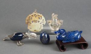 STONE ORNAMENTS: Lapaz lazuli egg, carved duck & silver mounted toucan ornament; carved rock crystal Chinese miniature pot with Foo dog lid; Chinese carved jade pendant with gold mount. 4cm to 13cm. VG condition