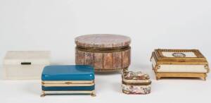 JEWELLERY BOXES: Group of (5) comprising: Italian Ivoreen & gilt metal with miniature portrait top; Art Deco onyx & malachite; turquoise glass with brass claw feet; Italian marble & brass; Capodimonte porcelain. VG condition