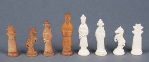 CHINESE CHESS SET: Each piece individually carved in bone, housed in a fitted blue cloth covered box. Mid 20th century.VG condition.