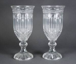Pair of clear glass mantle vases. Inverted bell shaped with bulbus stem. Height 36cm each. Excellent condition